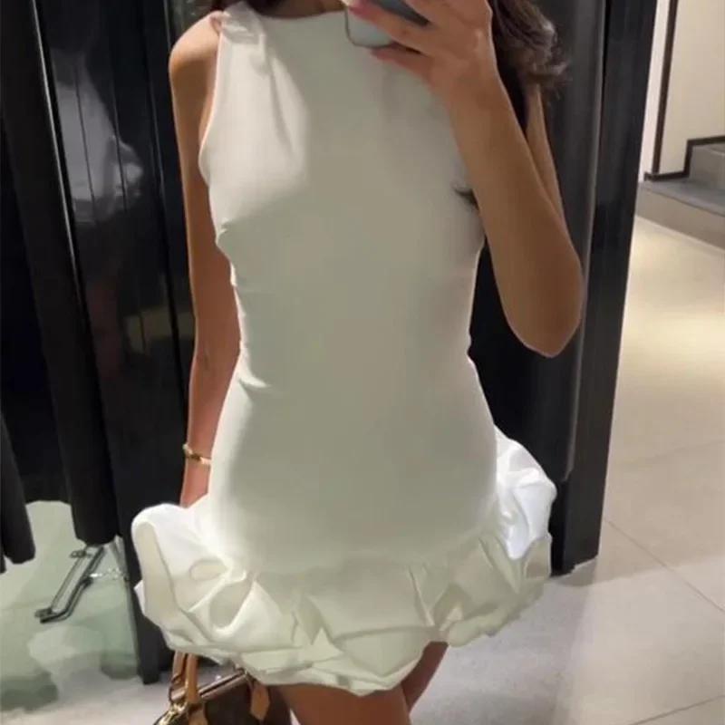 Elegant Sleeveless White Short Dress Women Slim O-neck Backless Ruffles Hem Party Evening Dresses Summer Lady Streetwear