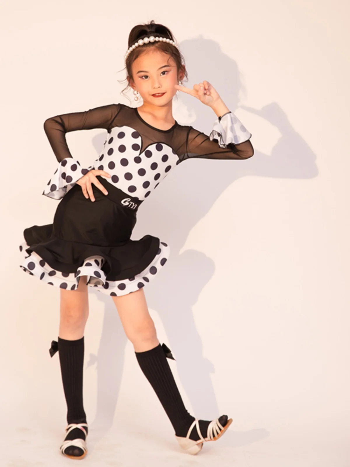 polka dot Long Sleeve Cha Cha Rumba Tango Latin Dance Dress Girls Kids Samba Salsa Clothes Children Competition Ballroom Dresses
