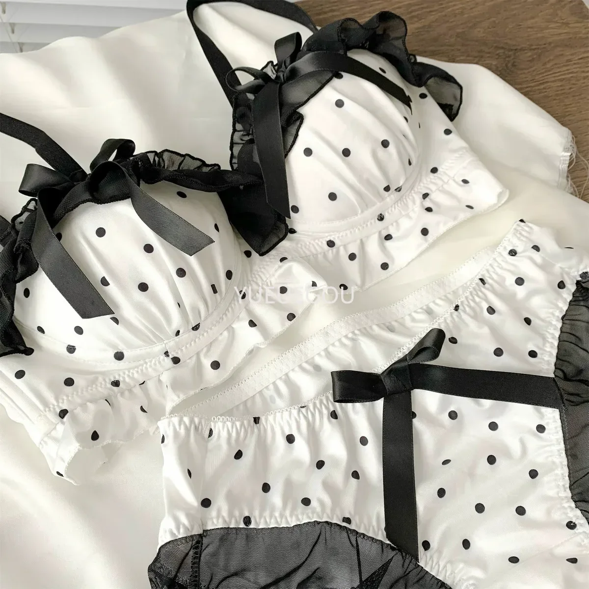 Süßes Polka Dot Spitzen Bh Und Slip Set Push Up Für Damen_voghion.com