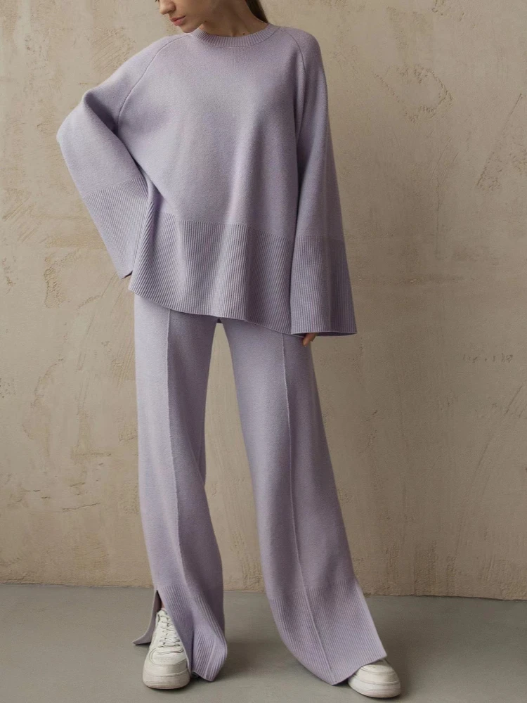 

Women Knitted Tracksuit Oversize Loose Long Sleeve Sweater Tops Wide Leg Pants Suits Split Casual Two Piece Sets Women Outfits