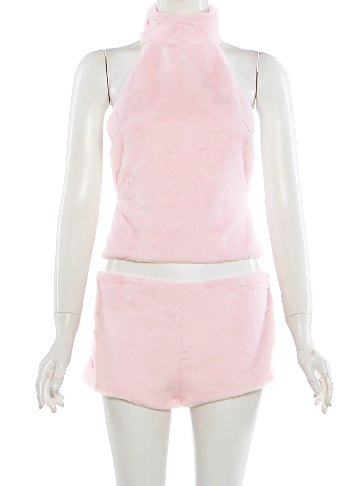 Women Turtleneck Backless Rivets Vest and Shorts Set