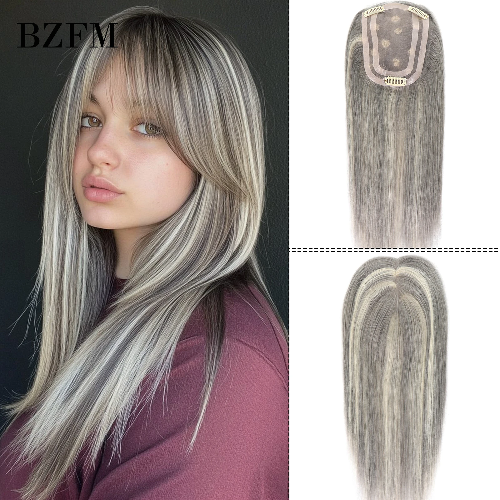 Grey 613 Highlight  Human Hair Toppers 14Inch Straight Women's Hair Pieces Mono Top Base Clip in Topper Hair Extension for Women