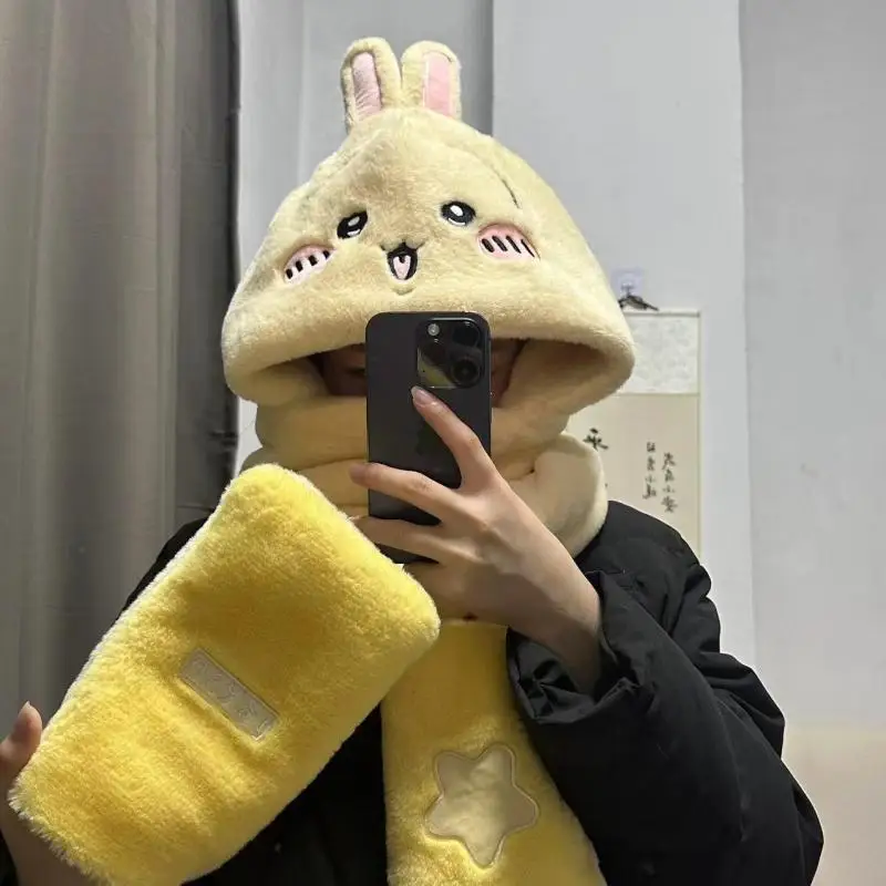 Anime Chiikawas Plush Hat Scarf Gloves Three-In-One Kawaii Hachiware Usage Winter Cold Warmth Thick Cartoon Plush Toys Girl Gift