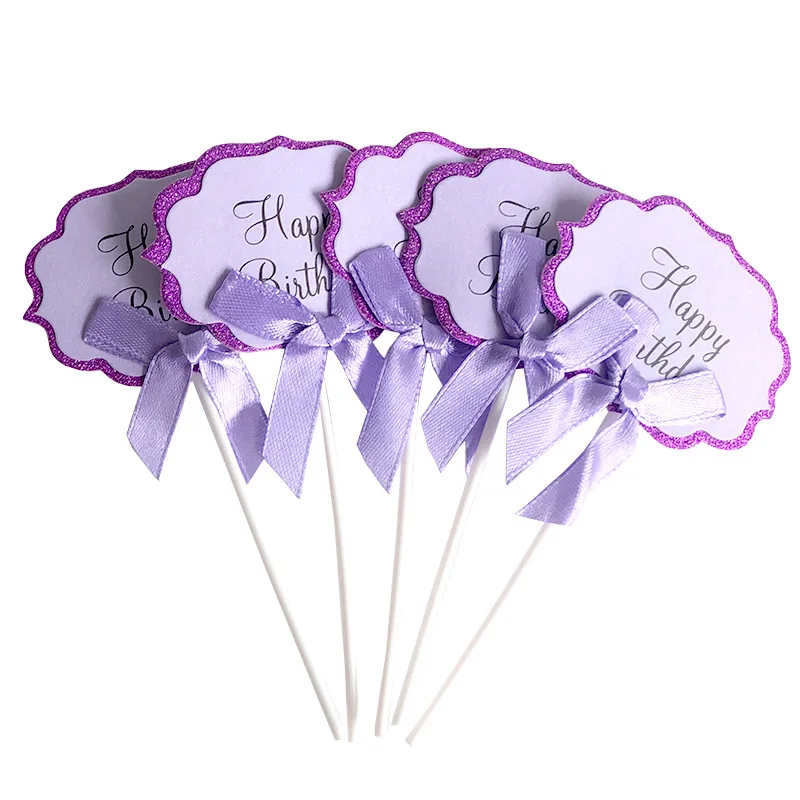 5pcs/lot Bow Happy Birthday Cake Topper party decorations birthday party supplies cake topper cake decorations cake toppers DIY Blank Wedding Cupcake Flags Birthday Party Cake Baking Decor Baby shower Flags