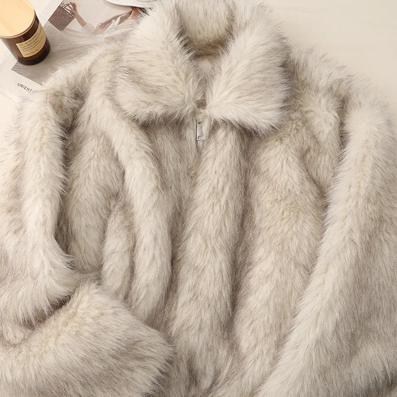 Fashion Fake Fox Fur Jacket Coat Women 2023 Winter Luxury Design Lapel Fur Coats Cool Girls Overcoat Lady Party Elegant Outfits
