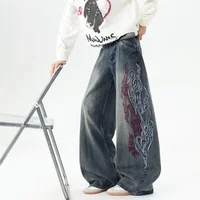 Nouveau jean évasé streetwear Y2K brodé flamme pour homme, pantalon en denim ample et droit style hip-hop Harajuku 6