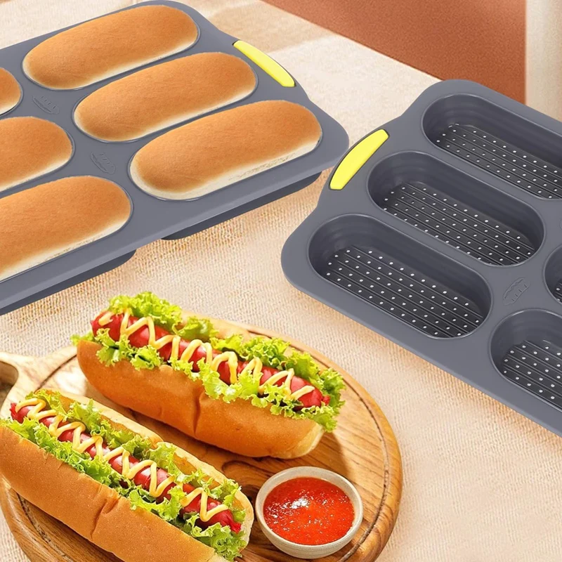 AAAN-Silicone Pan, Hot Dog Bun Pan With Oil Brush,6 Gutter Nonstick French Bread Bake Mold, French Bread Loaf Pan For Hot Dog
