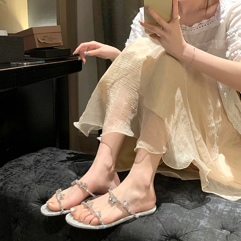 Sweetly Wearable Sandals with Water Diamonds, Summer New One Line Open Toe Flat Bottom Water Diamond High Heel Slippers
