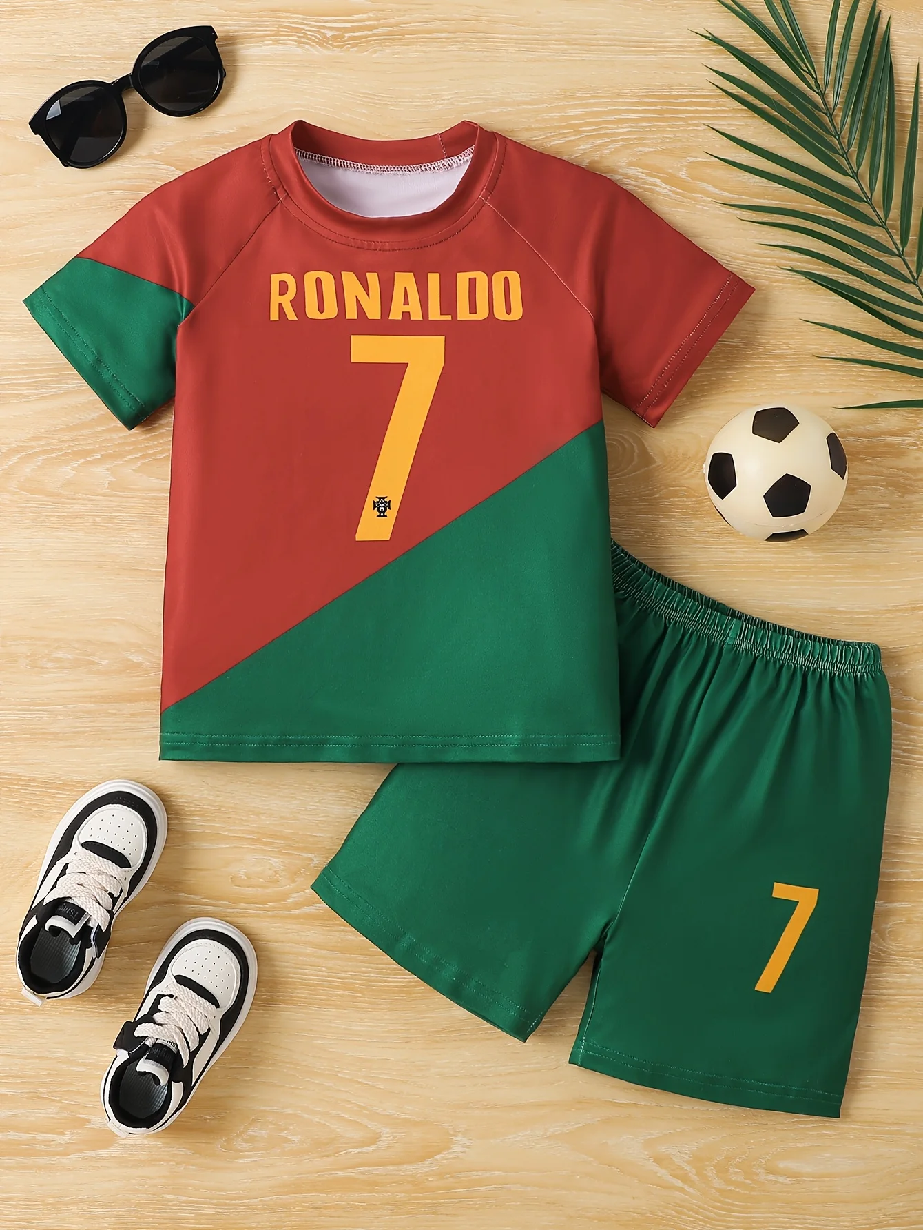 2025 Summer New Red and green patchwork No. 7 digital print Quick-drying sports football Soft and comfortable Children's set