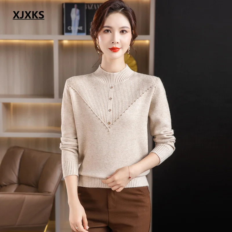 

XJXKS 2024 Winter New Women's Turtleneck Sweaters Jumper High Quality Solid Colour All-match Wool Knit Pullover Ladies Knitwears