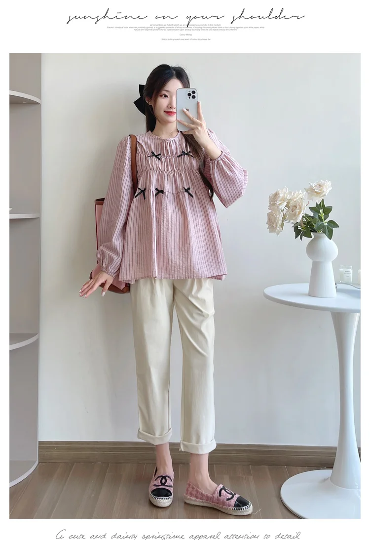Korean Style Pregnant Women's Striped Shirts Long Sleeved Pleated High Waist Maternity Blouses with Bowknots Pregnancy Loose Top
