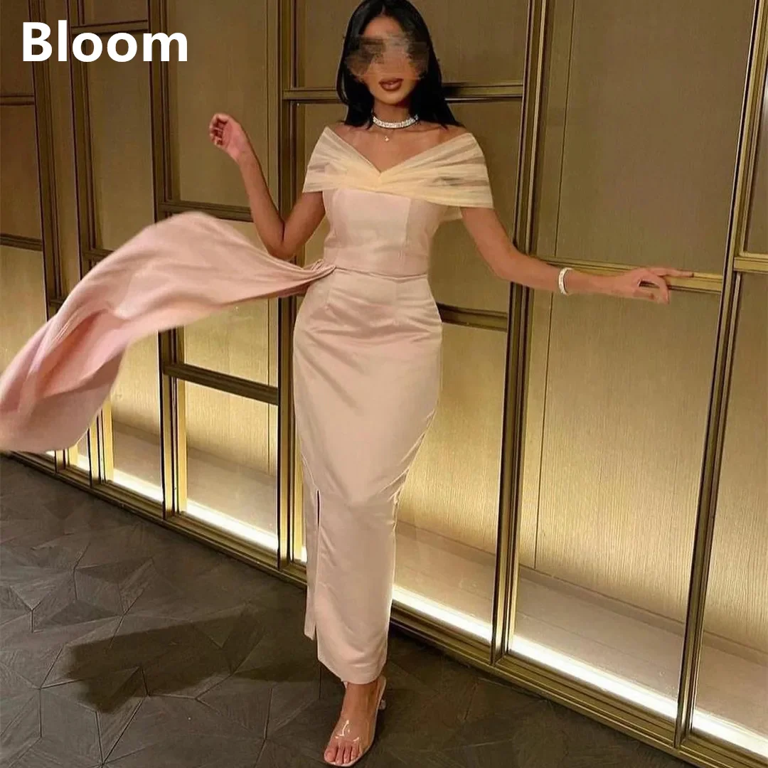 

Elegant Long Pink Satin Evening Dresses With Slit Sheath Pleated Prom Dress Off Shoulder Ankle Length Robe De Mariée Party Gow