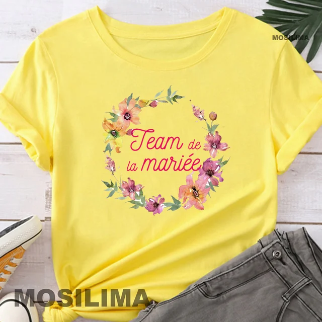 Team Bride Bachelorette Wedding Party Women Evjf Tee Shirt Casual ladies basic O-collar Pink Short Sleeved T-shirt Girl Yellow1