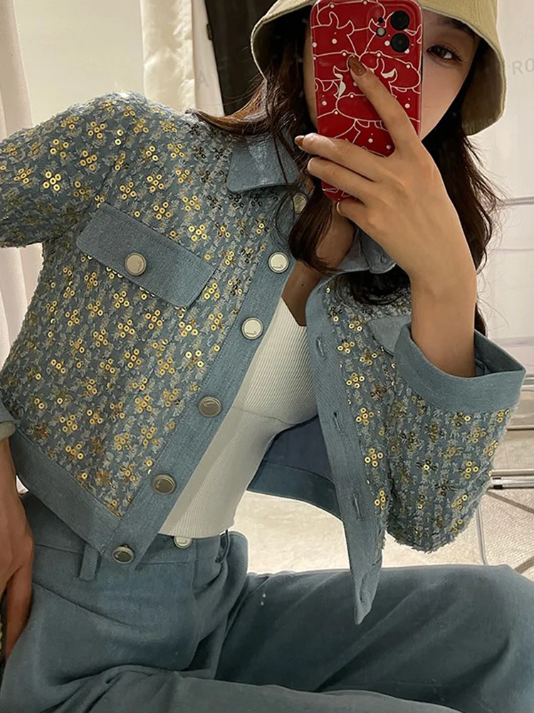

Casual jacket,2024 new,Korean Pant Set Shiny Sequins Jean Coat Women Vintage Frayed Denim Jackets + Patchwork Wide Leg Pant 2 Pi