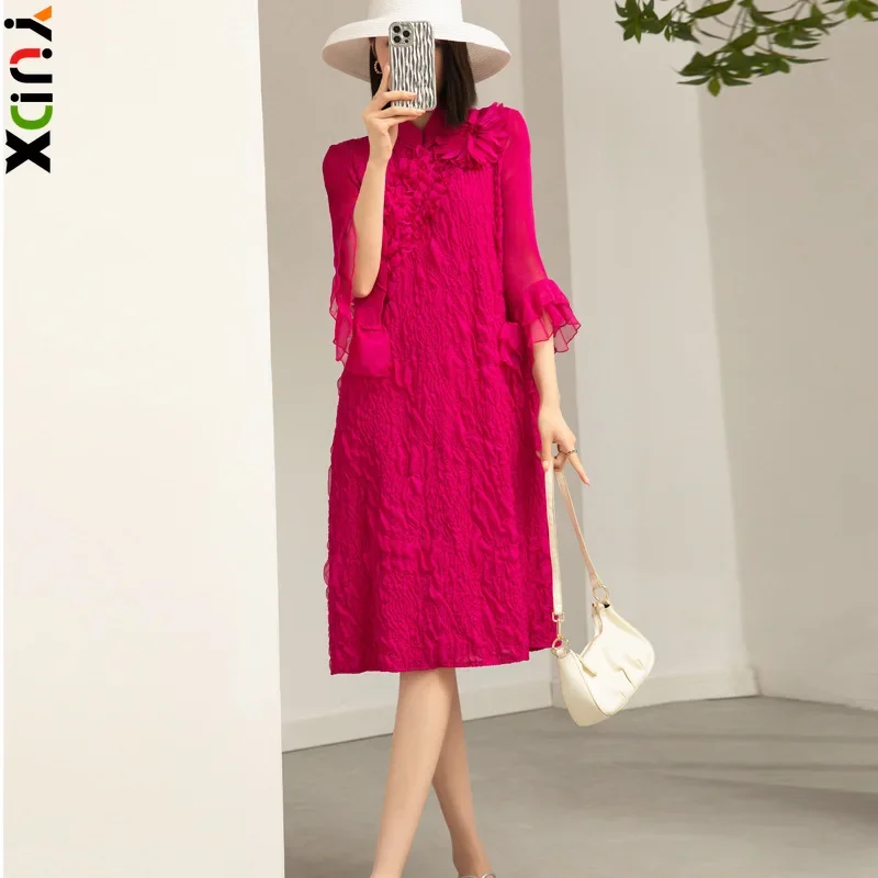 

Женское плиссированное платье Miyake, модное платье средней длины с вышивкой, воротником-стойкой, пуговицами и оборками, с рукавом в семь минут, весна 2024