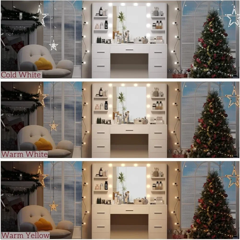 Vanity Desk, Makeup Vanity with 10 LED Lights & 7 Metal Sliding Drawers, Brightness Adjustable, Vanity Table with 6 Open Shelves 3