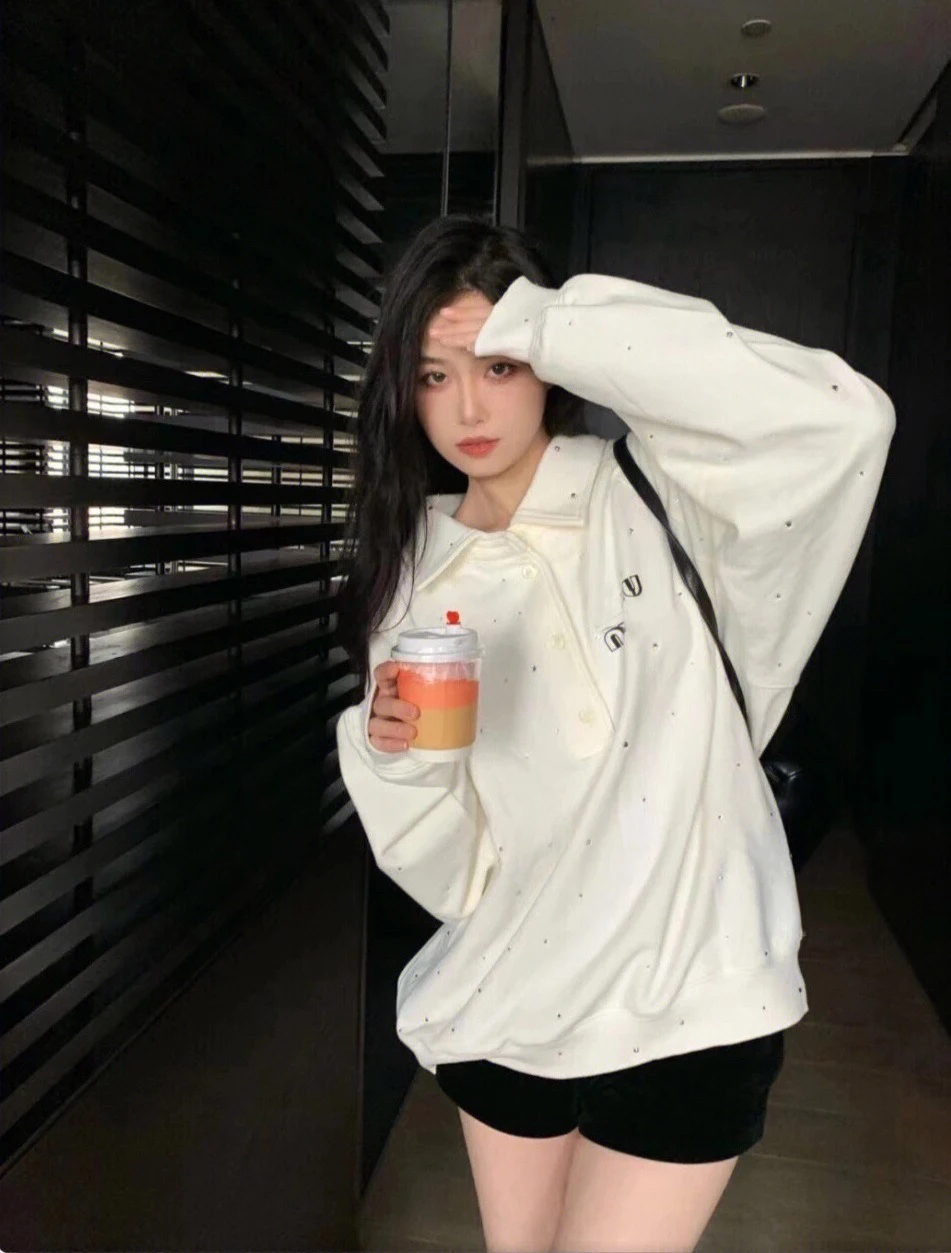 

2023 Women's Suit Polo Shirt Diamond Pullover Korean Lazy Style Shorts Set Sweat Suits Girls Matching Sets Autumn New