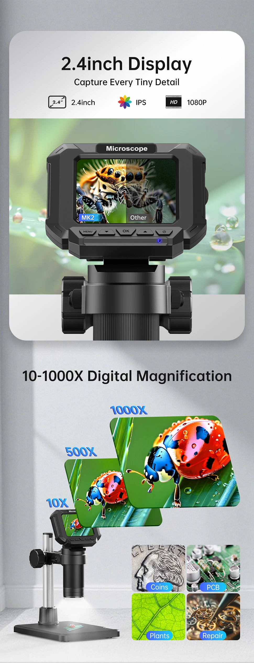Digital Microscope 2.4inch USB Microscope for Electronic, Edcation, Repair, Coin