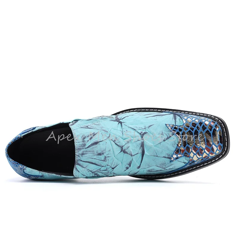 Retro Blue Square Toe Chunky Heel Men's Loafers Spring New Snake Pattern Slip On Brogues Cowhide Casual Footwear Large Size