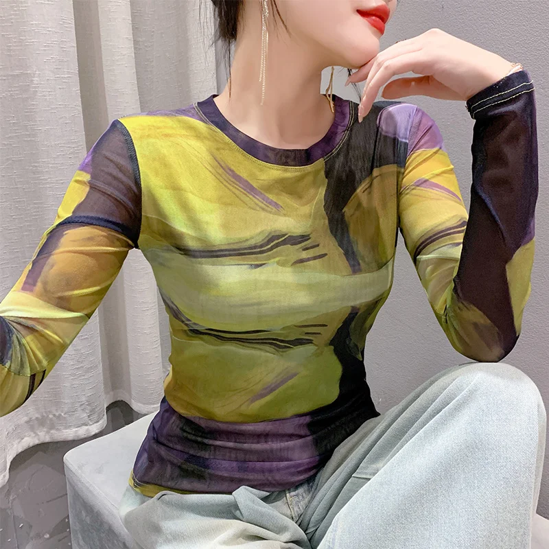 

#8736 Sexy Mesh T Shirt Women Round Neck Streeetwear Tshirt Long Sleeve Thin Tie Dye Printed Basic T-shirt Female Korean Style