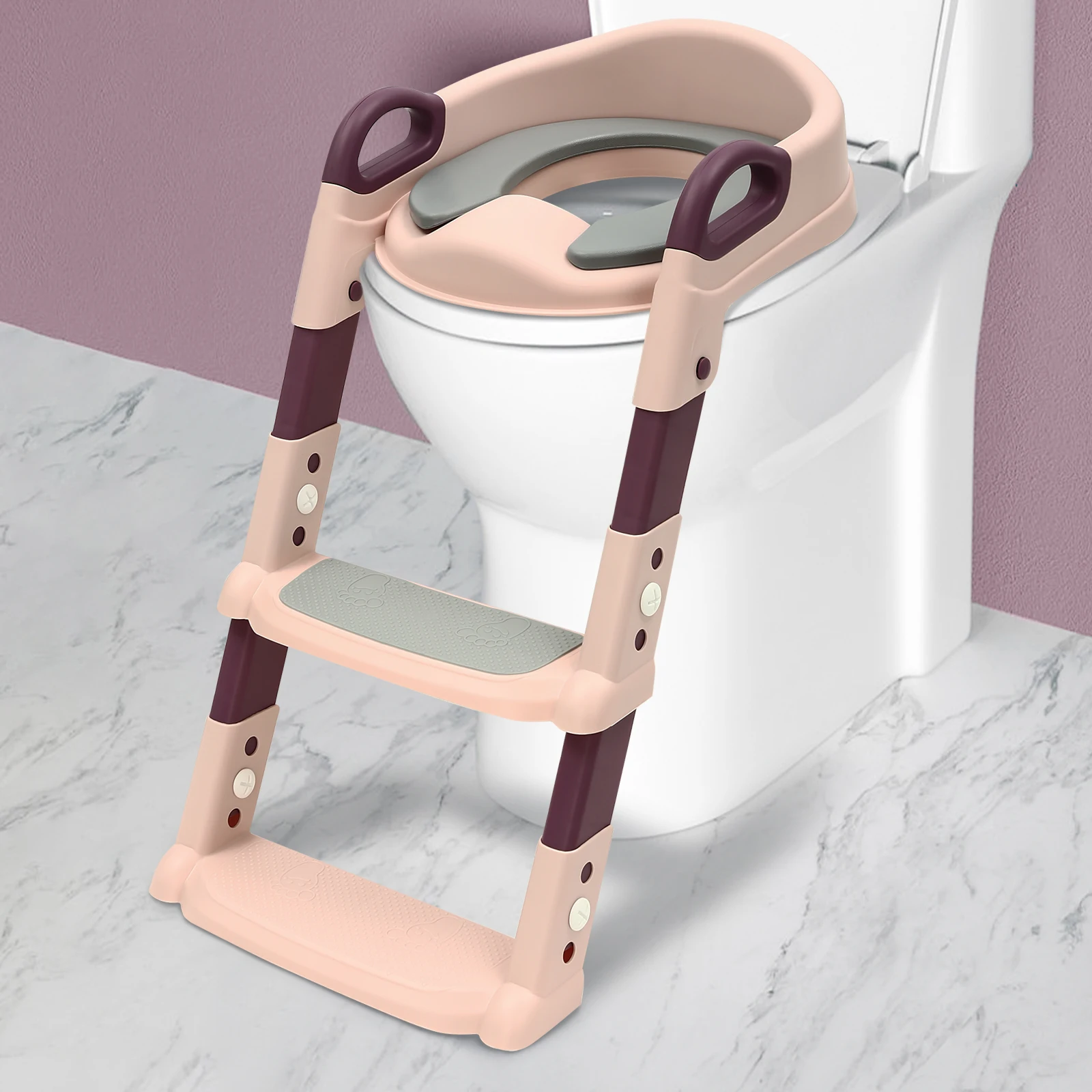 Kinder-Toilettensitz mit Treppe, PU-Polsterung und 4 Rutschfesten Gummipads, Höhenverstellbar 34-44cm für Kinder von 2-7 Jahren – Detail 1