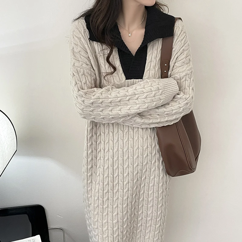 

Khaki Twist Knitted Dress Women 2023 Winter Turn-down Collar Loose Long Knitwear Ladies Autumn Harajuku Thicken Wool Pullover