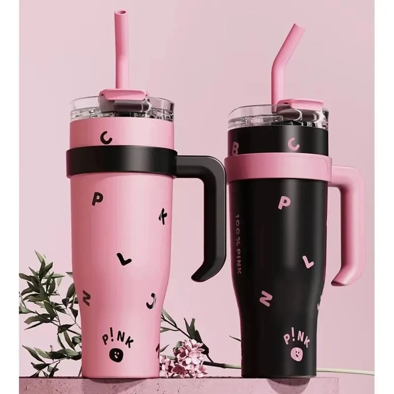 1200ml Black Pink Thermos Mug Large Capacity Stainless Steel Coffee Thermos  Mug with Handle Straw Cup Portable Car Coffee Mug