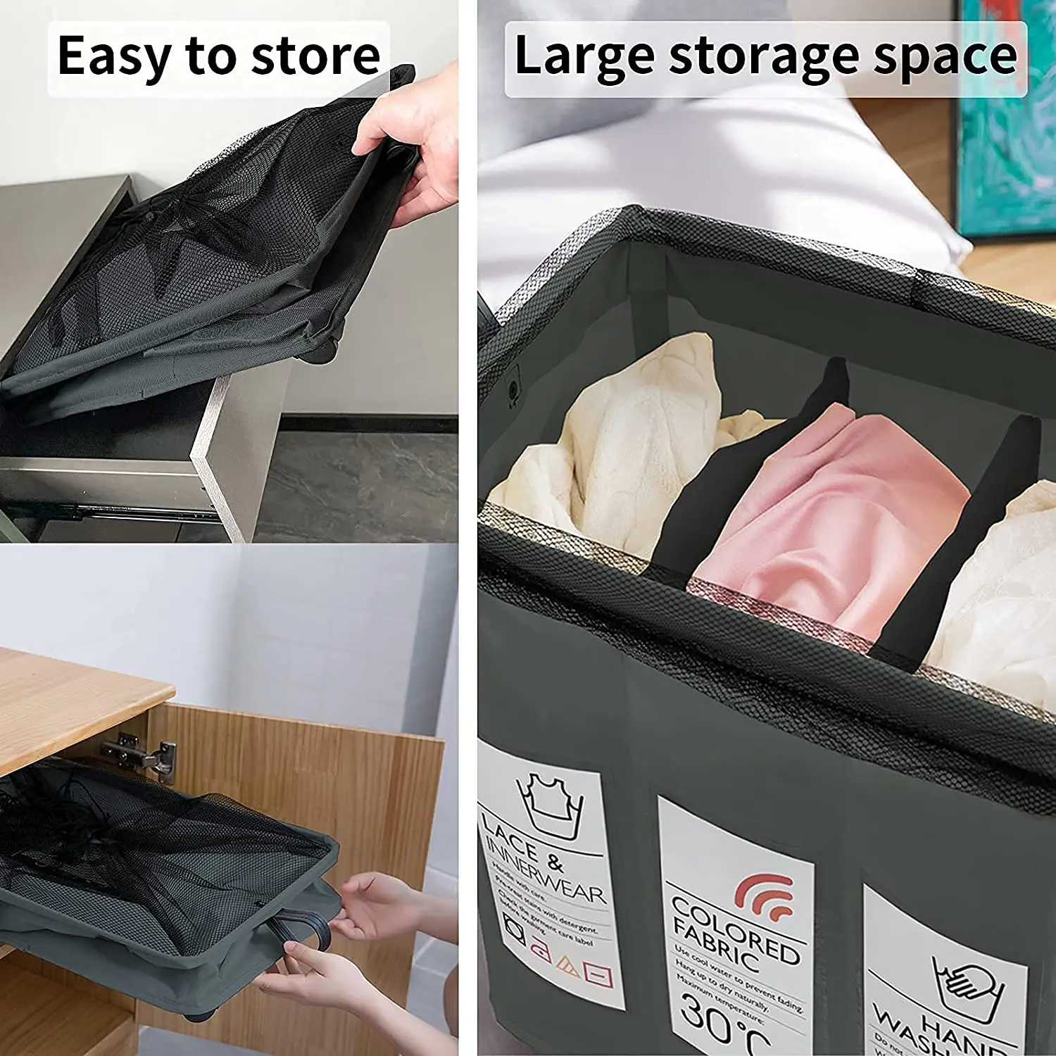 120L Laundry Basket Sorter Toy Storage Room Organizer 3-Bag with Card Pocket & Fabric Handle Waterproof Cesto Ropa Sucia 4