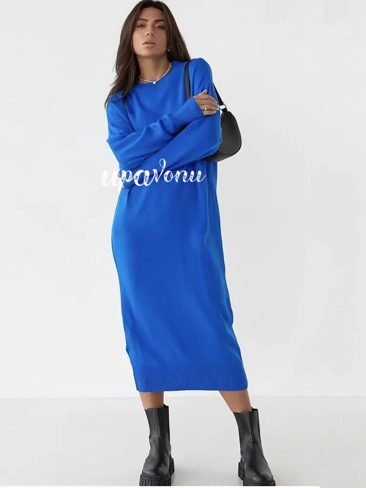 

Женское вязаное длинное платье для отдыха Свободный пуловер с круглым вырезом и рукавами-фонариками вязаное платье-свитер осень 2023 однотонные платья