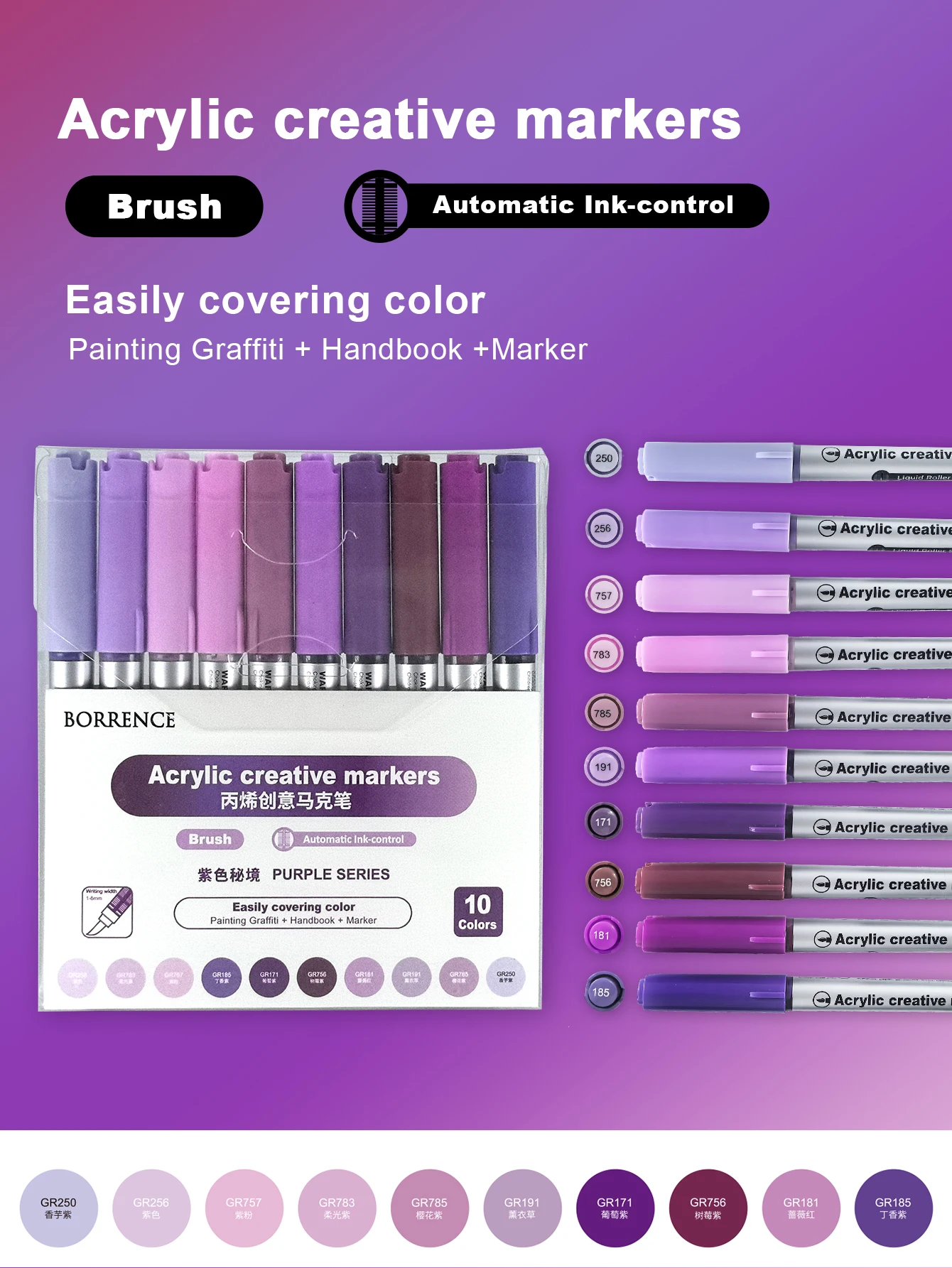 Vibrant Acrylic Brush Markers Set with Automatic Ink Control - 10 Colors