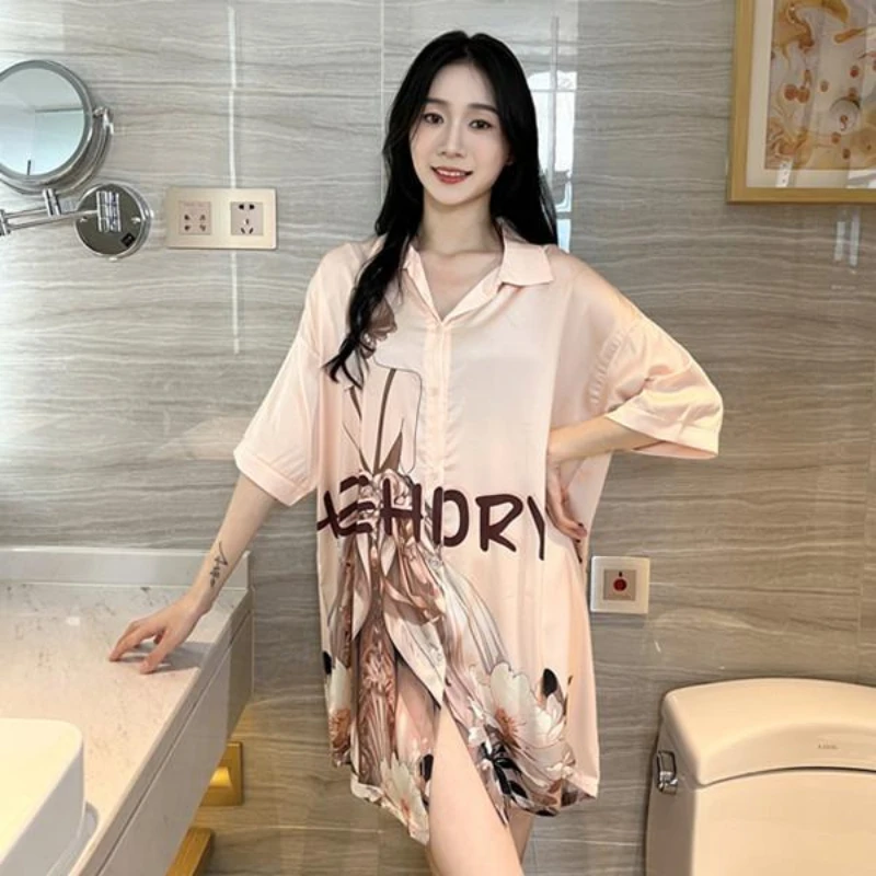 Nightgown Summer Loose Large Size Women's Clothing Homewear Shirt Printed Sexy Fashion Cool Breathable Simple Casual Comfortable