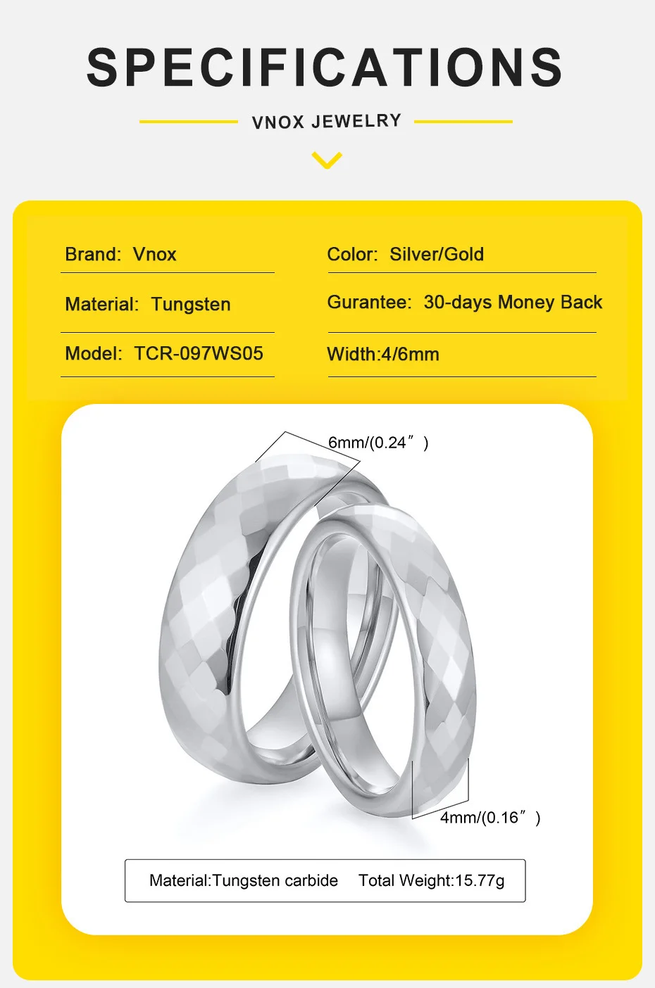 Vnox Wolfram-Eheringe für Paare, facettenreiches Rauten-Fingerband, 4 mm/6 mm, für Männer und Frauen, Versprechen, Verlobungsschmuck – Detail 7