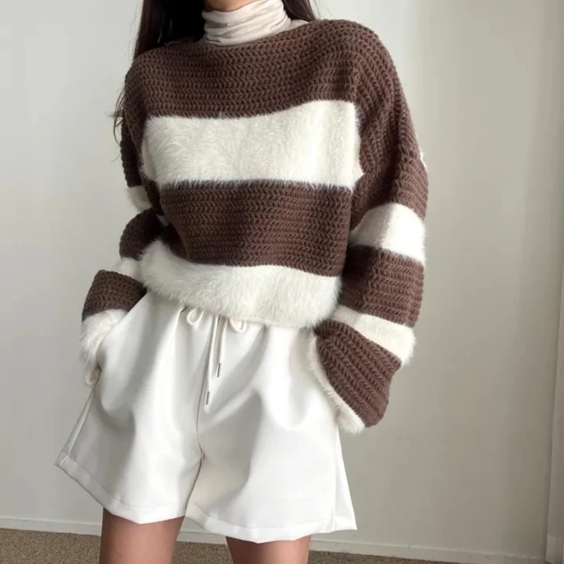 Striped short sweater women's autumn and winter 2025 new knitted bottoming shirt top