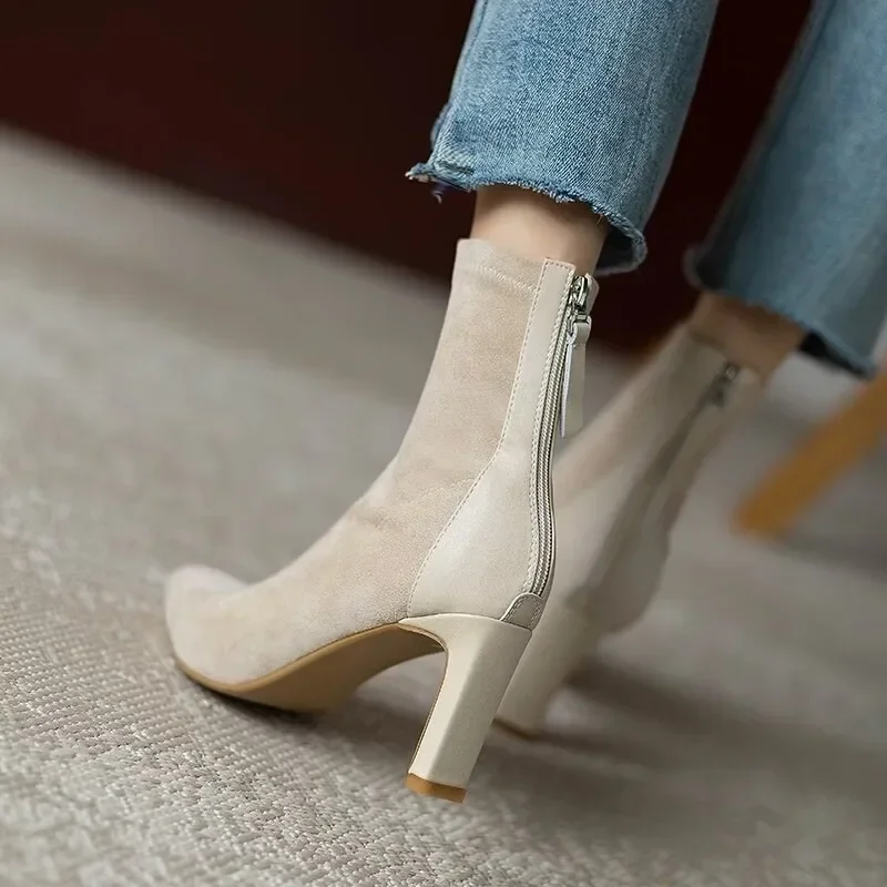 Shoes Female 2023 Fashion Ankle Women's Boots Elegant Modern Boots Women Sewing Zipper Pointed Toe Thin Heel Flock Shoes Women