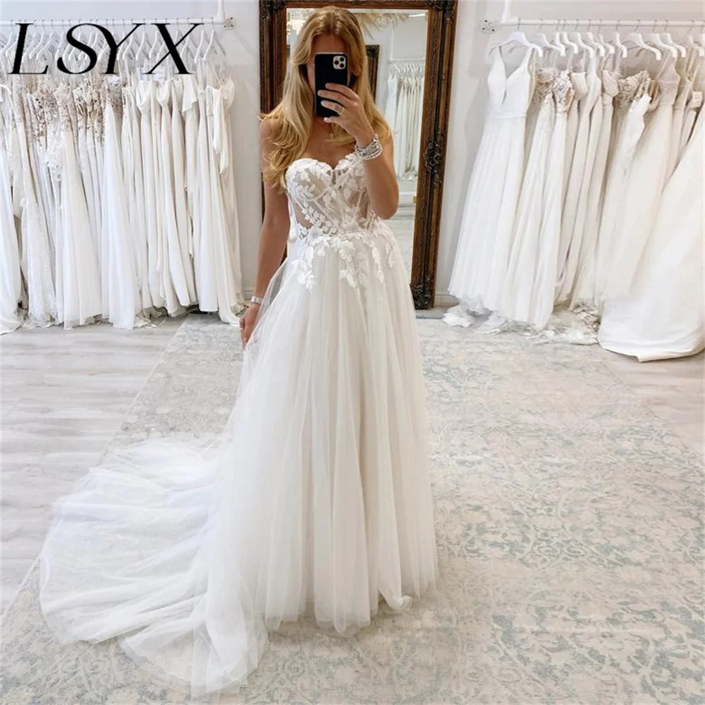 

LSYX Fairy Sleeveless Strapless Appliques A-Line Tulle White Wedding Dress Illusion Back Court Train Bridal Gown Custom Made