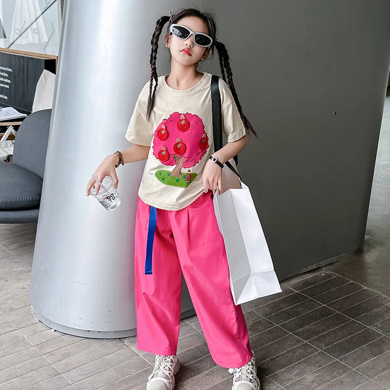

Kids Costume Girls Clothing Set 2024 Summer Flower T-shirt + Pants School Tracksuit Loose Children's Short Sleeve Outfits