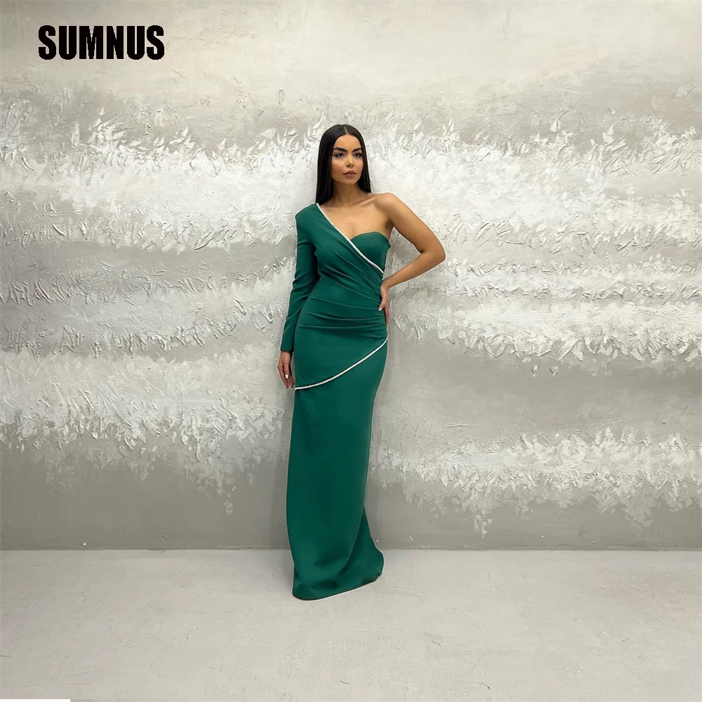 

SUMNUS Green Mermaid Prom Dresses One Shoulder Long Sleeve Evening Dress Saudi Arabia Floor Length Party Gowns Homecoming Custom