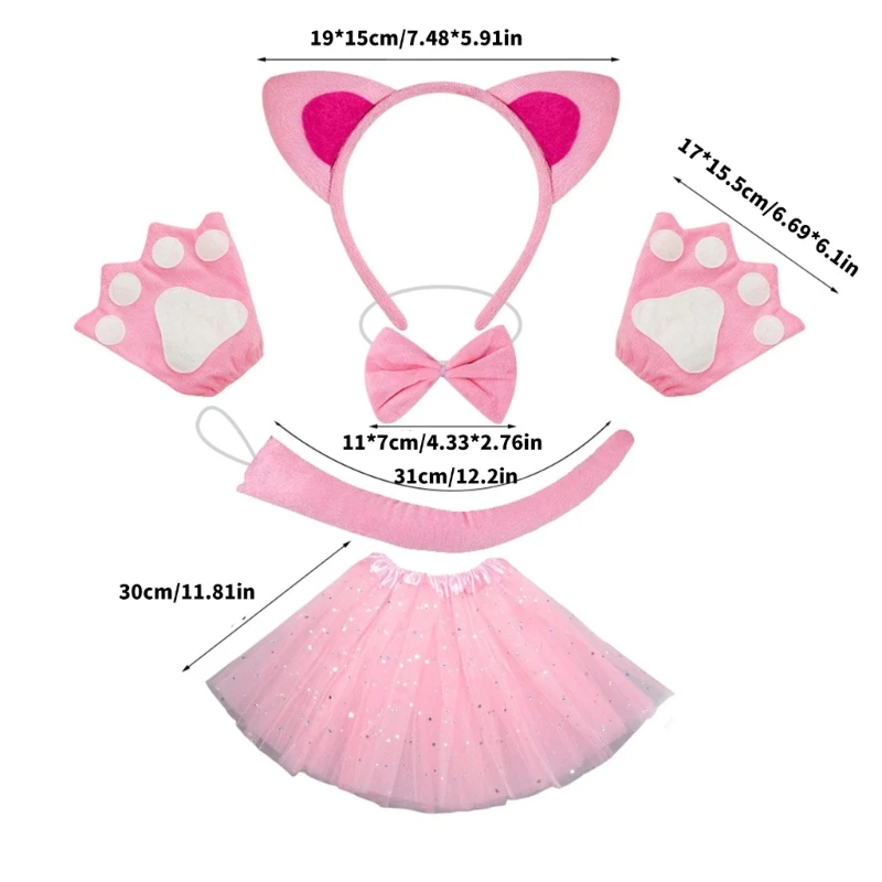Set Costume Da Gatto Di Halloween Per Bambine (6 Pezzi) Con Gonna Nera Scintillante, Fascia Con Orecchie E Guanti - 2