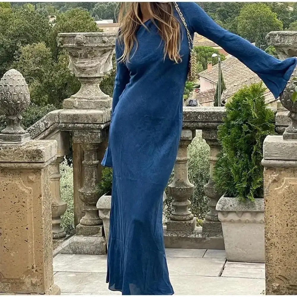 

Women Casual Round Neck Long Dress Summer Chic Solid Trumpet Long Sleeves Maxi Dress 2024 Lady Elegant Vacation High Streetwear