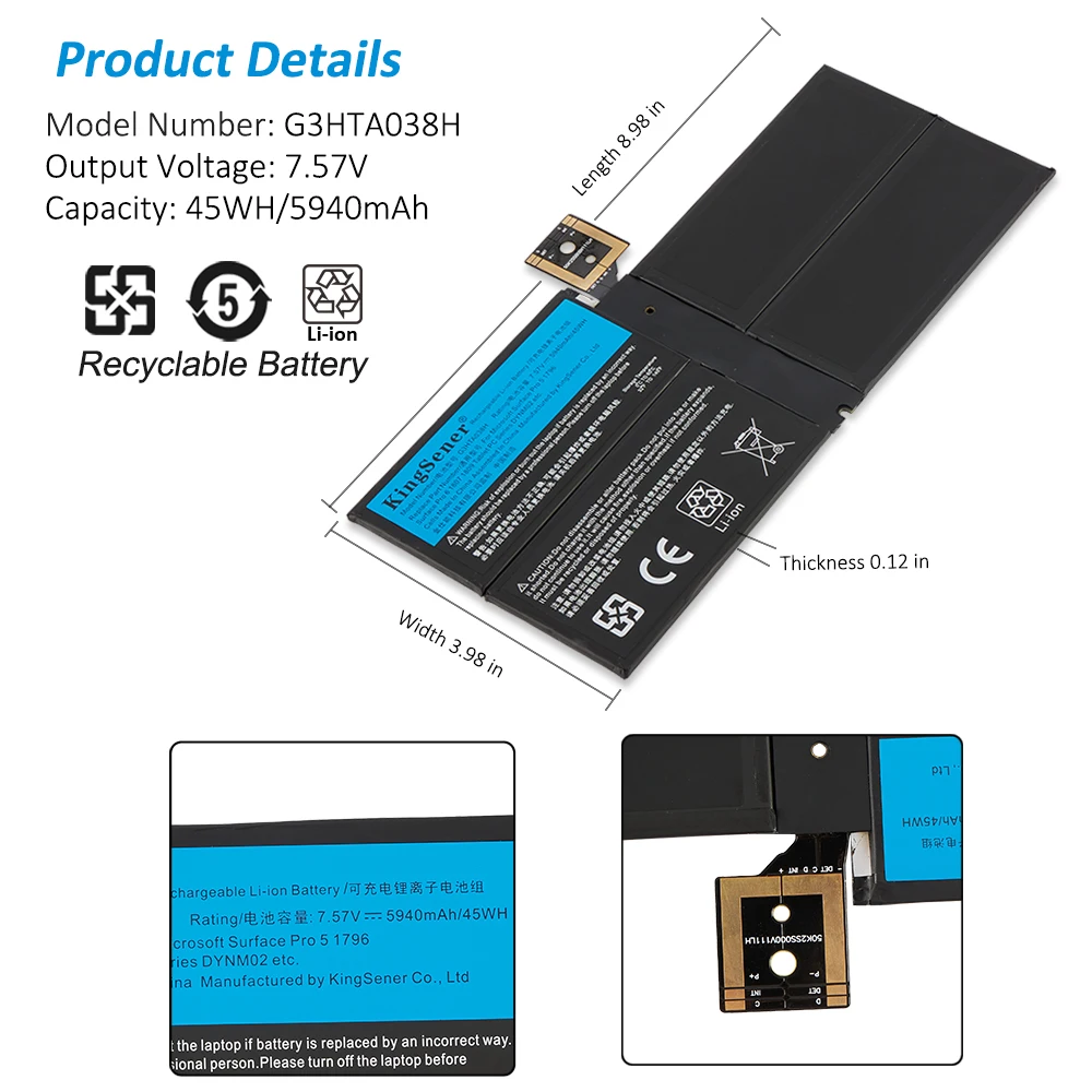 Kingsener-bateria do Portátil para Microsoft Surface Pro 1796pro 1807 1809 Tablet Série 7.57v 5940mah G3hta038h Dynm02 123 em - Imagem 3