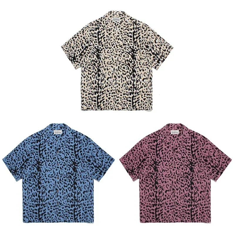 

WACKO MARIA Shirt TEE Polyester Fiber Black Leopard Printing 2023 Lapel Oversize Breathable Men Women Button Thin Short Sleeve