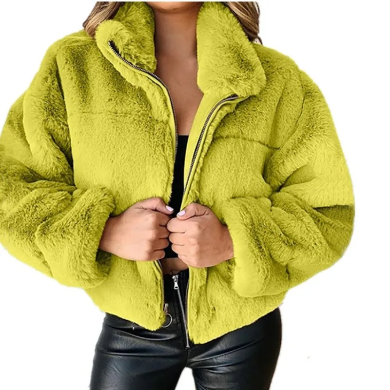 2024 Women's Autumn Winter Faux Fur Short Coats Zipper Cardigan Plush Warm Coat Female Oversized Outerwear Overcoat Thick Jacket