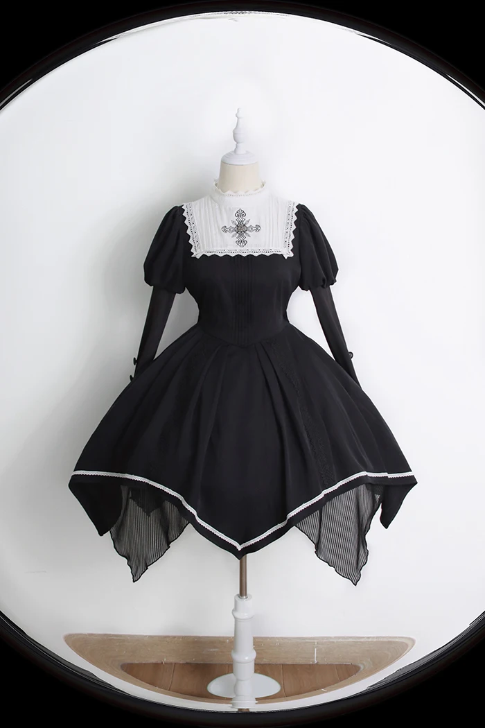 Lolita Night Saint Gothic Cross Embroidered Irregular Long sleeved Dress by Alice Girl