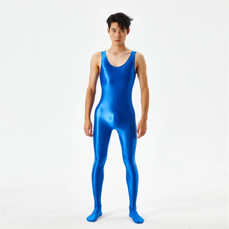 Summer Spring Mens See Through Glossy Zentai Suit Lingerie Sleeveless Sport Gym Fitness Bodysuit Jumpsuit Costume