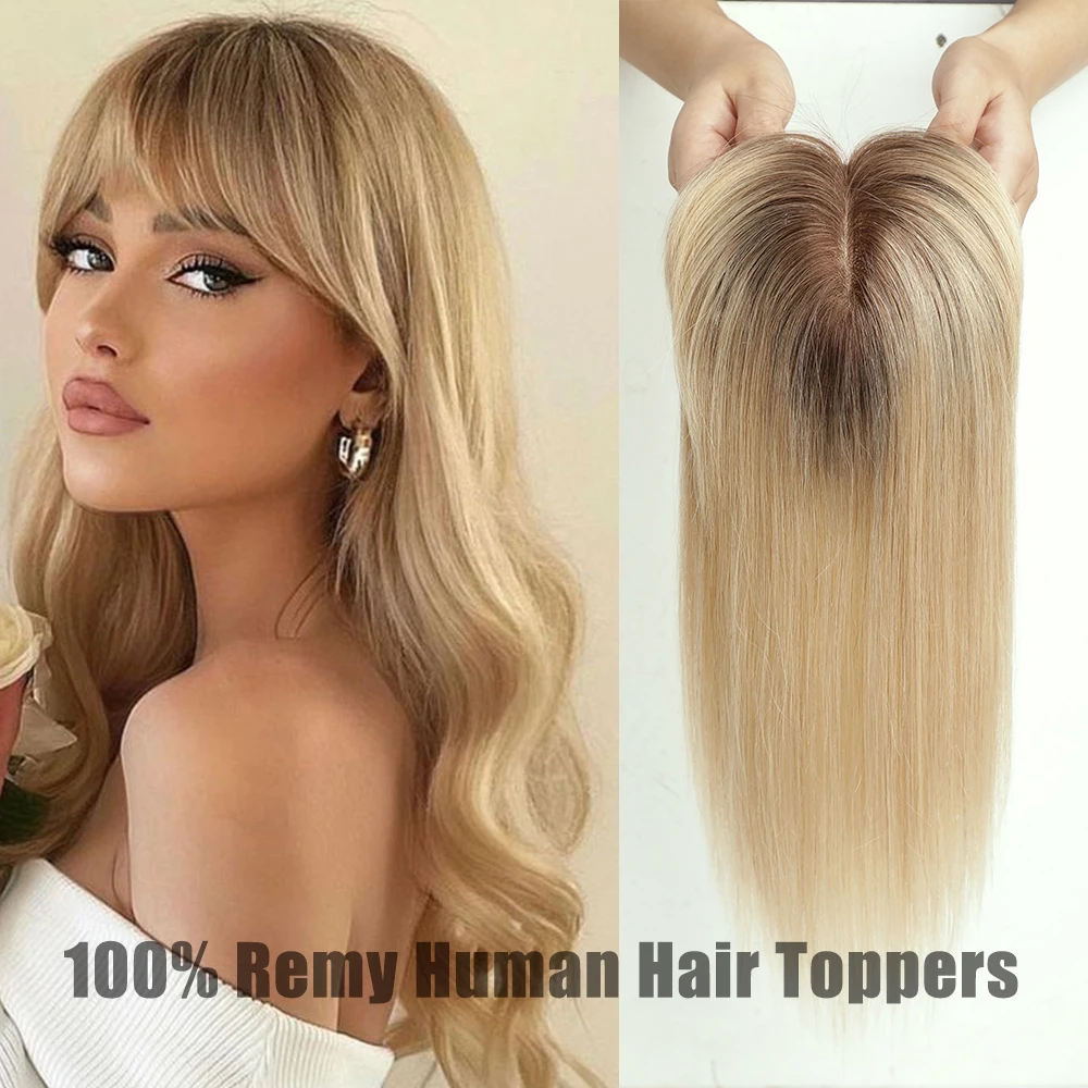 

Blonde Human Hair Toppers with Bangs Dark Root Straight Remy Human Hair Silk Base Topper Clip in Hair Extensions for Women Daily