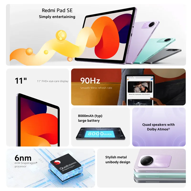 Global Version Xiaomi Redmi Pad SE 128GB / 256GB Snapdragon® 680 Mi Tablet Quad speakers Dolby Atmos® 90Hz 11" Display 8000mAh 4