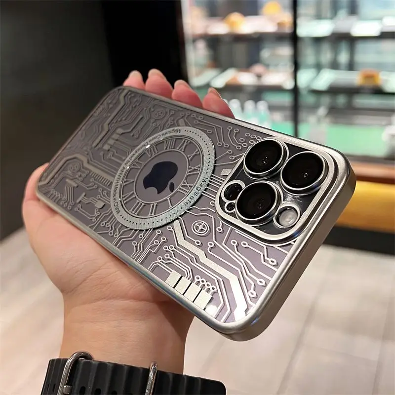 Magnetic mirror guard plating 3D circuit board for Apple 14promax case transparent iPhone 13 hard case 15promax 14proamx 13proma