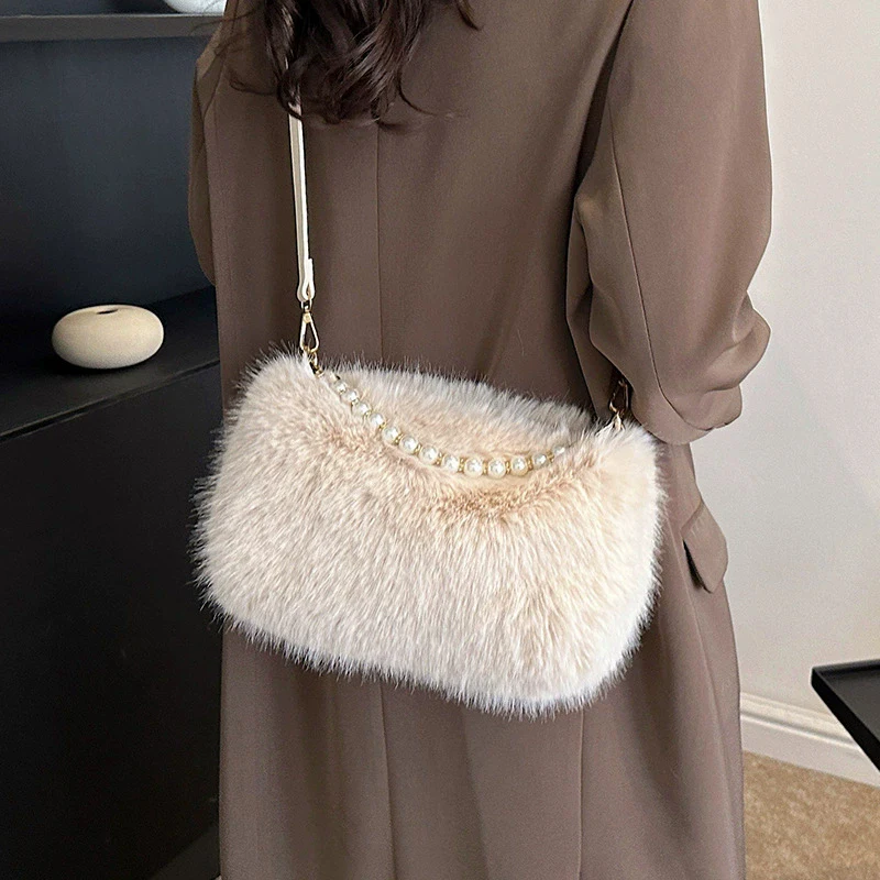 Winter Fashion Women's Faux Fur Shoulder Bags Candy Color Pearl Handle Crossbody Bag Small Fluffy Female Pillow Handbags