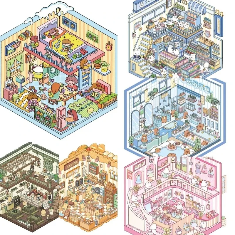 Baby Cartoon Animal Landscape Korean Stickers Miniature Scene PET Decompression Play House Game Store Decoration Stress Relief