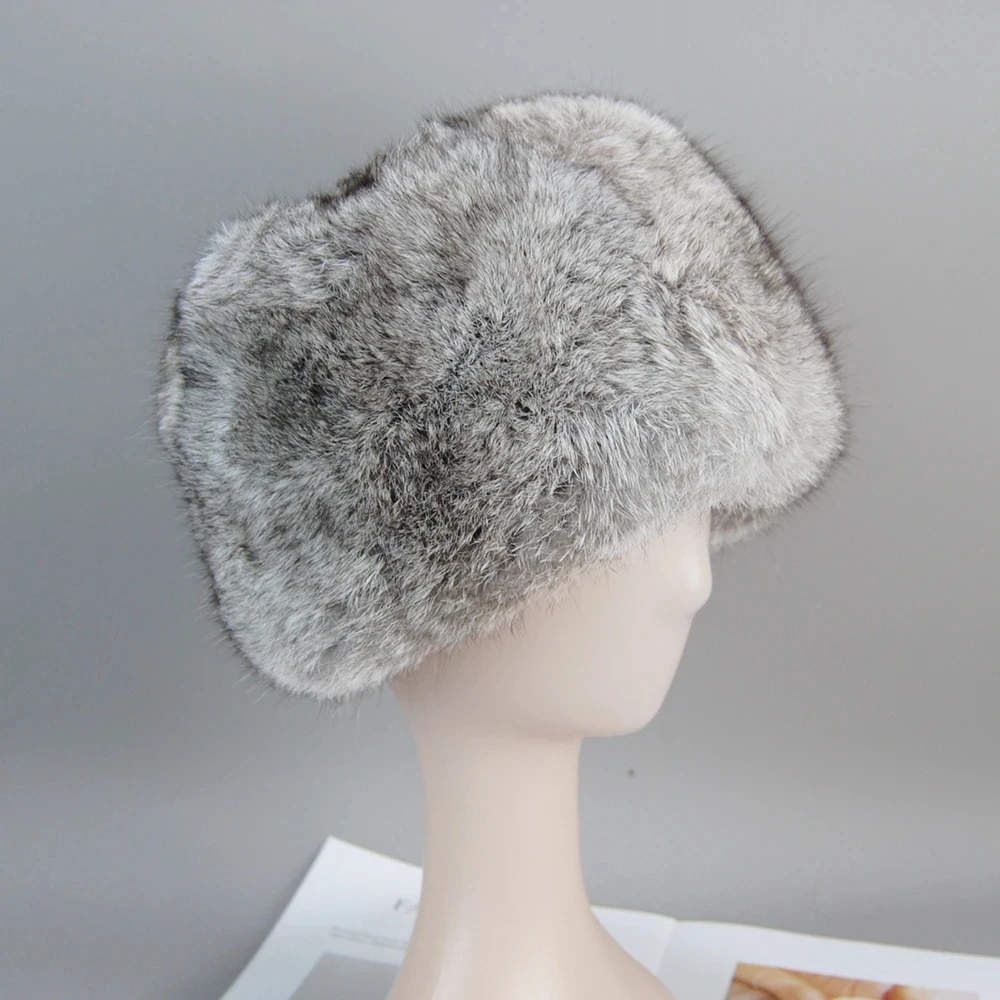 New Style Fashion Rabbit Fur Cap Unisex Winter Genuine 100% Fur Bomber Hat Windproof Warm Earmuff Flat Outdoor Warm Russian Hat